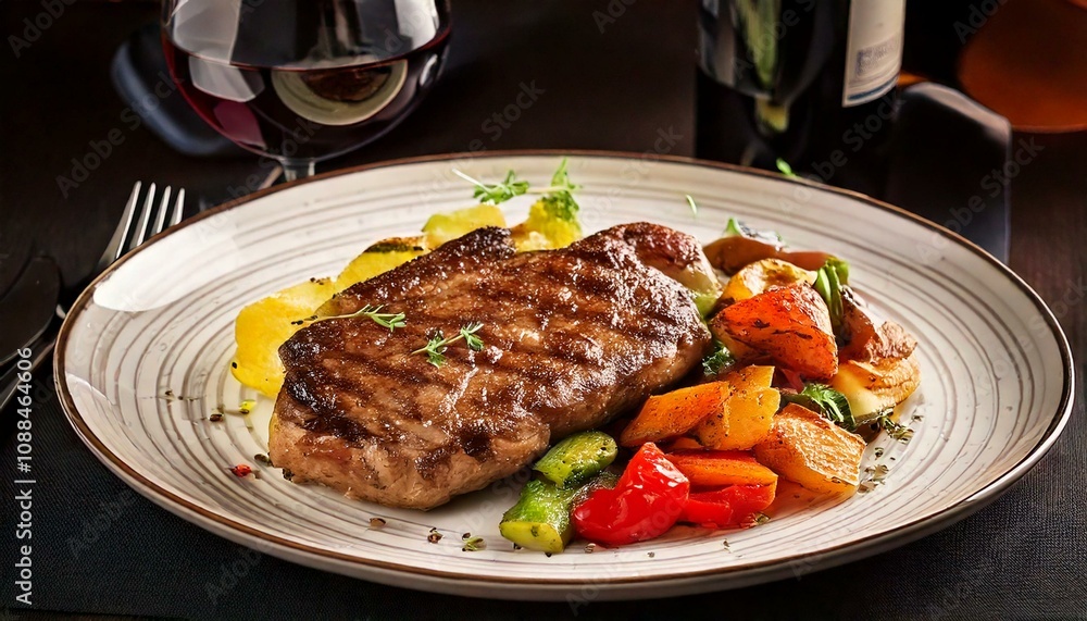 Grilled steak dinner with seasonal vegetables home dining culinary experience cozy atmosphere top-down view comfort food delight