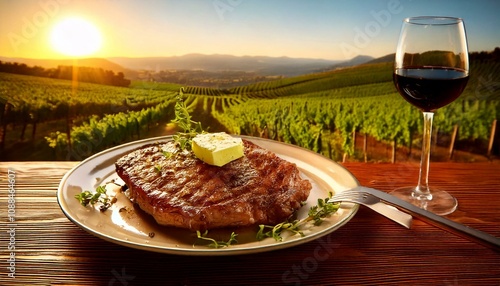 Savoring grilled ribeye steak with butter napa valley vineyard culinary delight sunset view gourmet experience