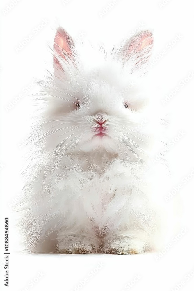 A fluffy white rabbit sits on white background. A fluffy white rabbit sits on white background.