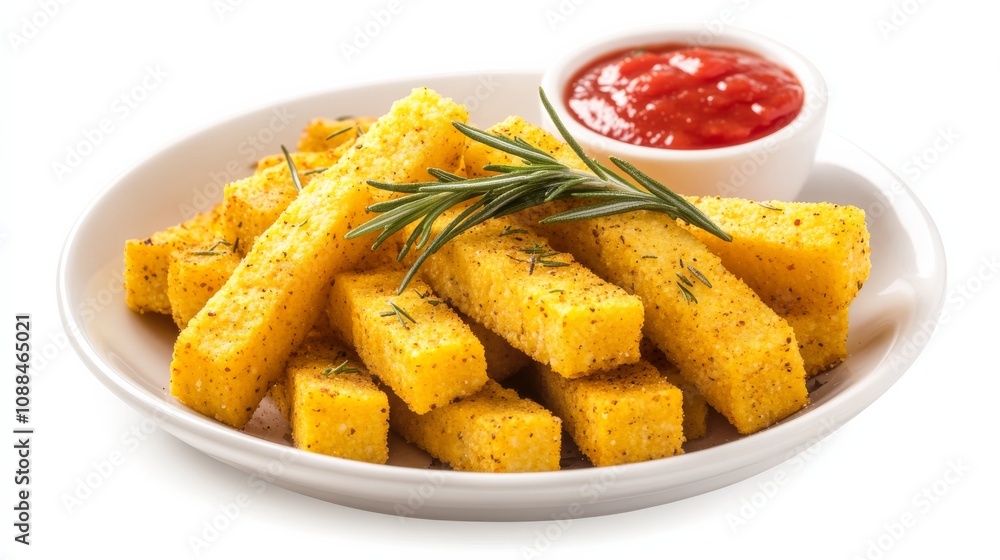 A plate of crispy polenta fries seasoned with rosemary and served with a side of marinara sauce, Each fry golden and crispy on the outside, soft and creamy on the inside A plate of crispy polenta fries seasoned with rosemary and served with a side of marinara sauce, Each fry golden and crispy on the outside, soft and creamy on the inside
