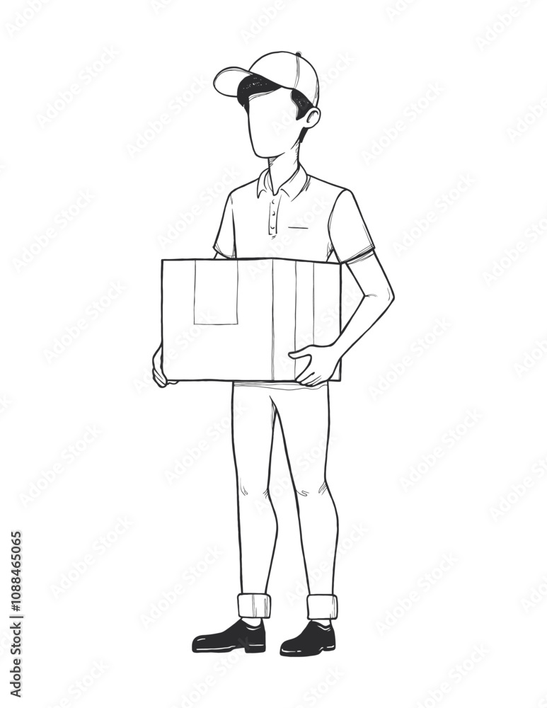 Delivery Person Holding a Cardboard Box - Line Art Illustration Delivery Person Holding a Cardboard Box - Line Art Illustration