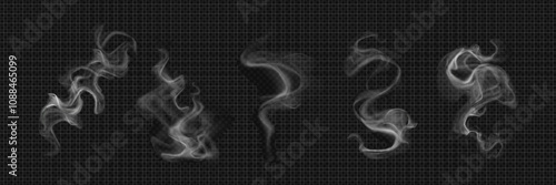 White realistic smoke elements flowing on dark background. Translucent curving steam shapes with mystical effect. cigarette or hot food and drink vapor, hookah cloud overlays design elements.