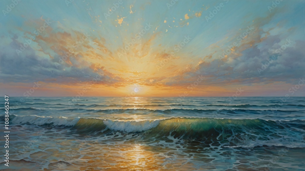 Fototapeta premium watercolor art, A Painting of the Sunrise over an Ocean in the style of Light turquoise and light silver V4