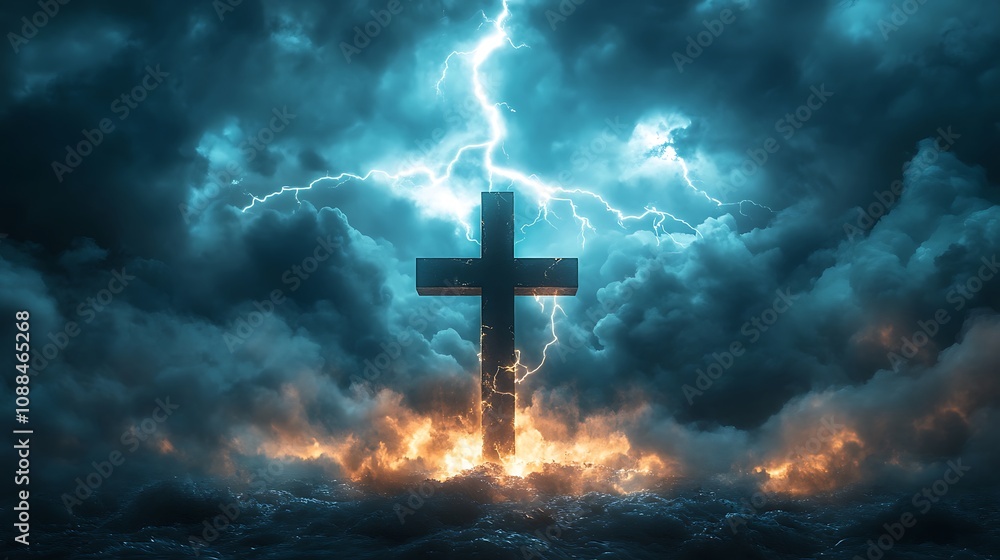 Dual exposure of a Christian cross blended with a sky full of storm clouds, lightning arcing across the scene, the cross illuminated by the intense flashes, ominous and mystical atmosphere, Dual exposure of a Christian cross blended with a sky full of storm clouds, lightning arcing across the scene, the cross illuminated by the intense flashes, ominous and mystical atmosphere,