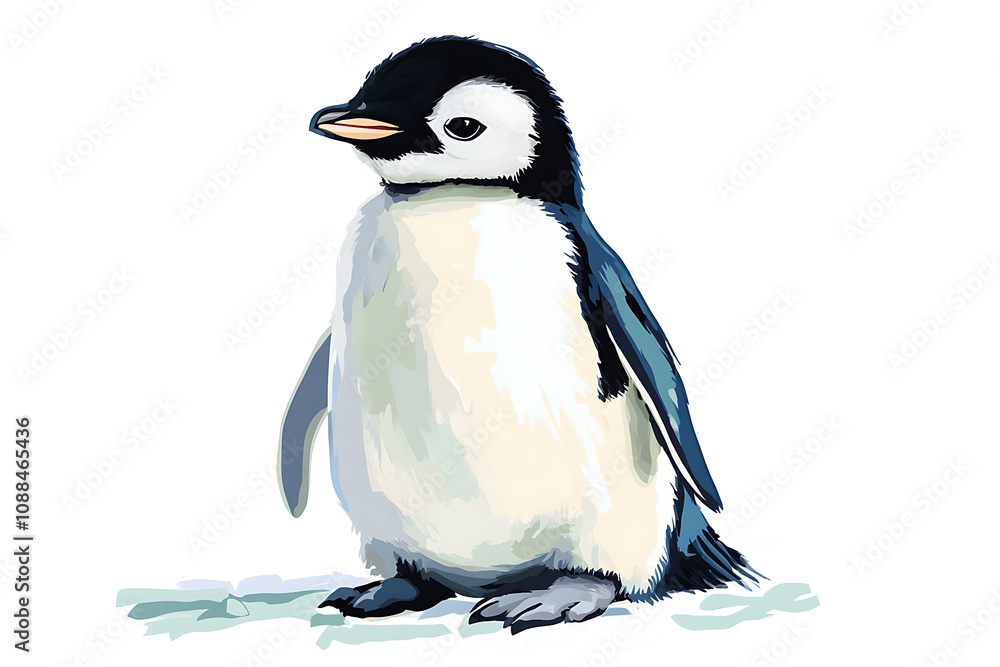 Fototapeta premium A cute, cartoon-style illustration of a young penguin standing on a snowy surface.