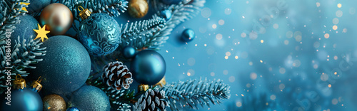 Blue Christmas and New Year background with fir branches. Perfect for festive greeting cards, banners, or promotional materials. photo