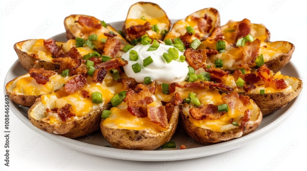 A plate of crispy potato skins loaded with melted cheese, crispy bacon bits, green onions A plate of crispy potato skins loaded with melted cheese, crispy bacon bits, green onions