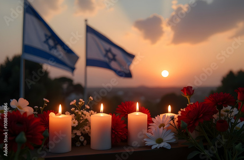 Memorial candles and Israeli flags at sunset with flowers in the foreground.Israel's Independence Day. A patriotic holiday. Memorial Day - Yom Hazikaron. Copy space