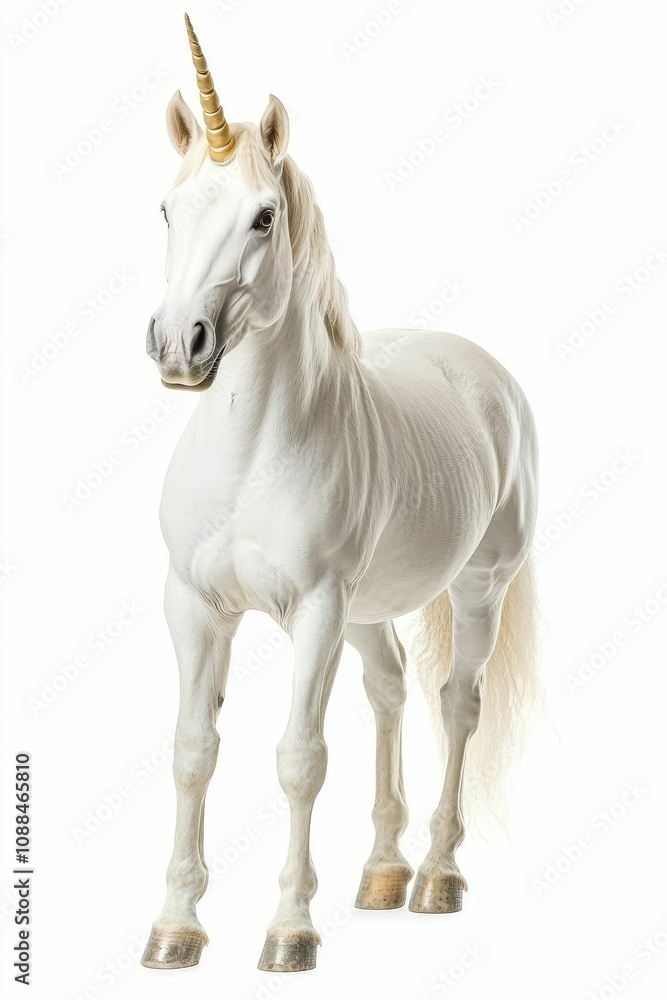 Obraz premium White horse with gold horn stands isolated.