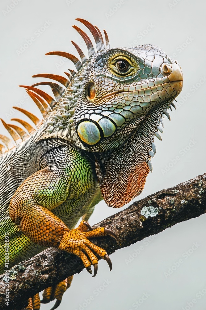 Fototapeta premium Colorful iguana perched on a branch.