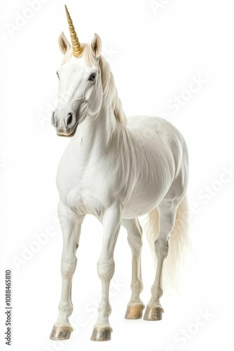 White horse with gold horn stands isolated.