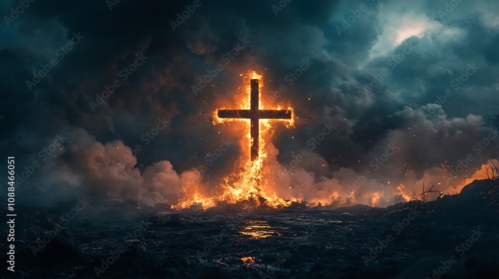 Dual exposure of a Christian cross combined with a fiery volcanic eruption, the lava illuminating the cross, dark smoke rising around, powerful and emotional atmosphere, Dual exposure of a Christian cross combined with a fiery volcanic eruption, the lava illuminating the cross, dark smoke rising around, powerful and emotional atmosphere,