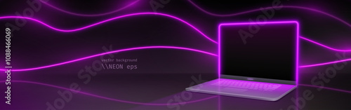 Modern laptop mockup illuminated by purple neon lights on dark backdrop. Wavy glowing lines pattern behind bright edged display and keyboard. Background for cyberpunk, gaming or tech presentation.