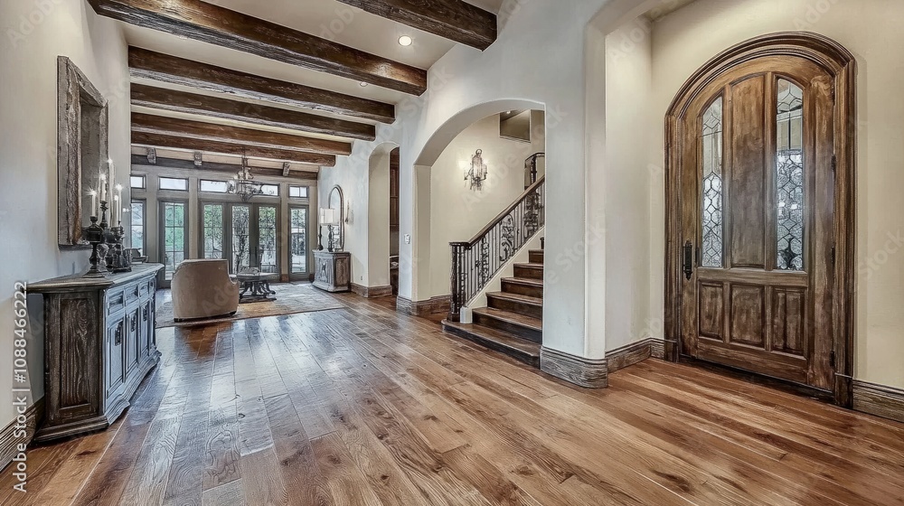Fototapeta premium Luxurious entryway with exposed beams, polished wooden flooring, and a rustic door enhanced with chic decor for a modern touch