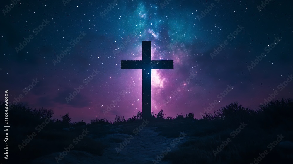 Dual exposure of a Christian cross combined with a starry sky, the stars forming a delicate pattern within the silhouette, soft blue and purple tones, peaceful and celestial vibe, Dual exposure of a Christian cross combined with a starry sky, the stars forming a delicate pattern within the silhouette, soft blue and purple tones, peaceful and celestial vibe,