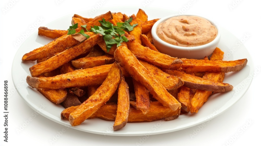A plate of crispy sweet potato fries seasoned with paprika and served with a side of chipotle mayo, Each fry golden and bursting with flavor A plate of crispy sweet potato fries seasoned with paprika and served with a side of chipotle mayo, Each fry golden and bursting with flavor