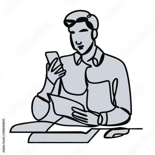 Single one-line drawing of a young male employee holding a smartphone while writing a report on paper and reading business report on monitor computer. Continuous line drawing design graphic.