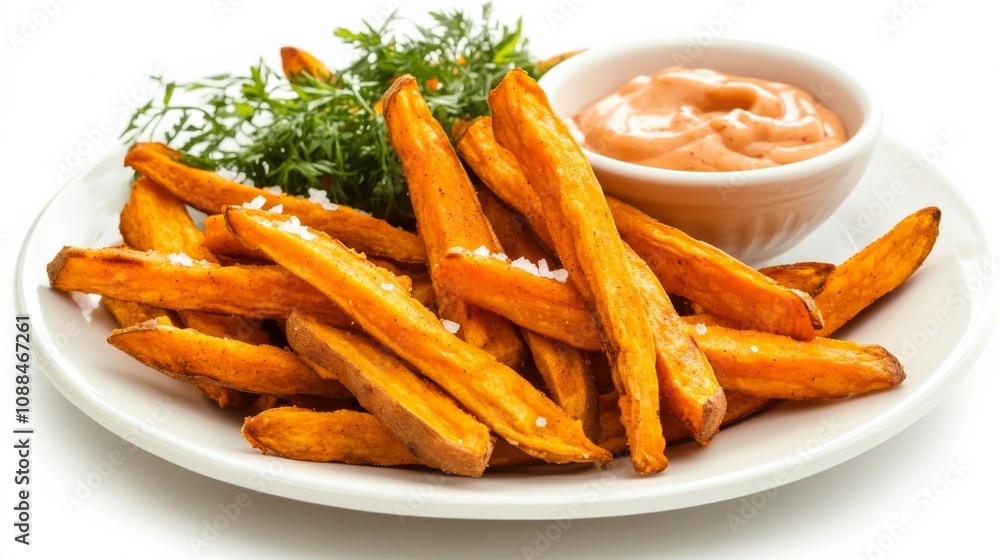 A plate of crispy sweet potato fries seasoned with smoked paprika and sea salt, served with a side of sriracha aioli, Each fry golden and crunchy on the outside A plate of crispy sweet potato fries seasoned with smoked paprika and sea salt, served with a side of sriracha aioli, Each fry golden and crunchy on the outside