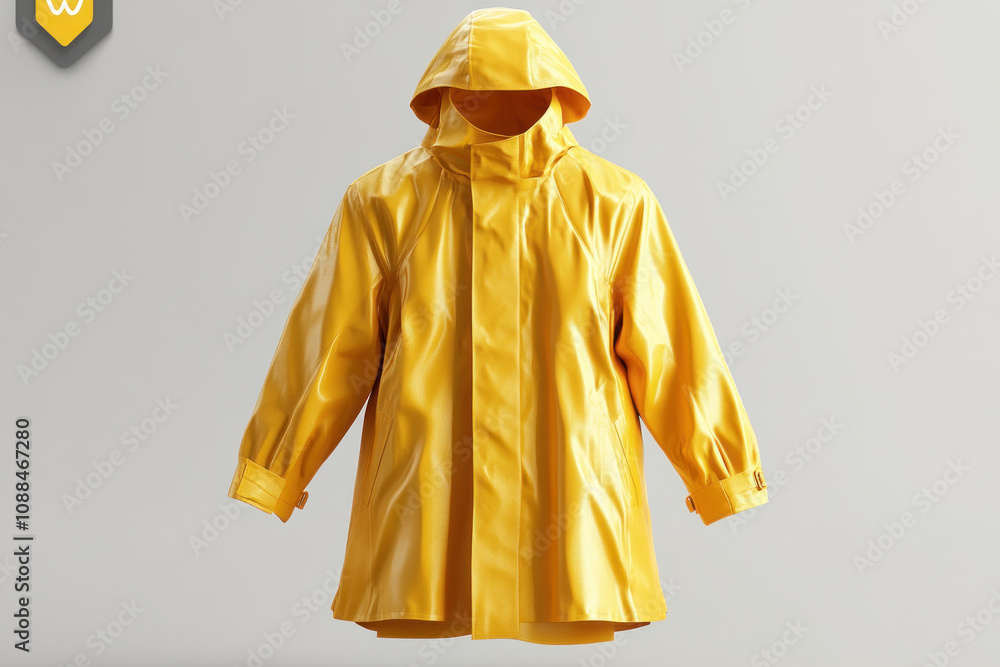 Yellow raincoat with hood and boots standing under a downpour. Yellow raincoat with hood and boots standing under a downpour.