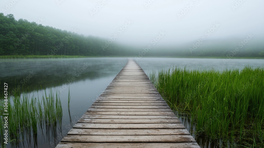 Obraz premium Foggy pathway leading to tranquil lake nature photography serene environment perspective