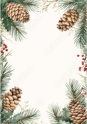 Watercolor Christmas blank card, white background with gold accents, pine cones and holly leaves.