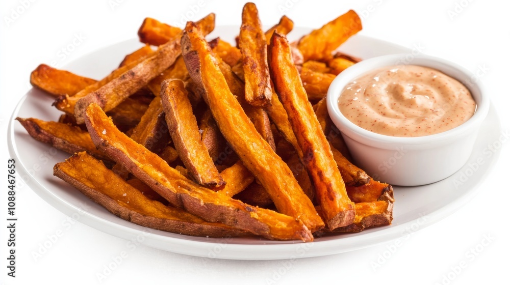 A plate of crispy sweet potato fries with a side of chipotle aioli dipping sauce, Each fry’s golden-brown exterior and fluffy interior captured with precision A plate of crispy sweet potato fries with a side of chipotle aioli dipping sauce, Each fry’s golden-brown exterior and fluffy interior captured with precision