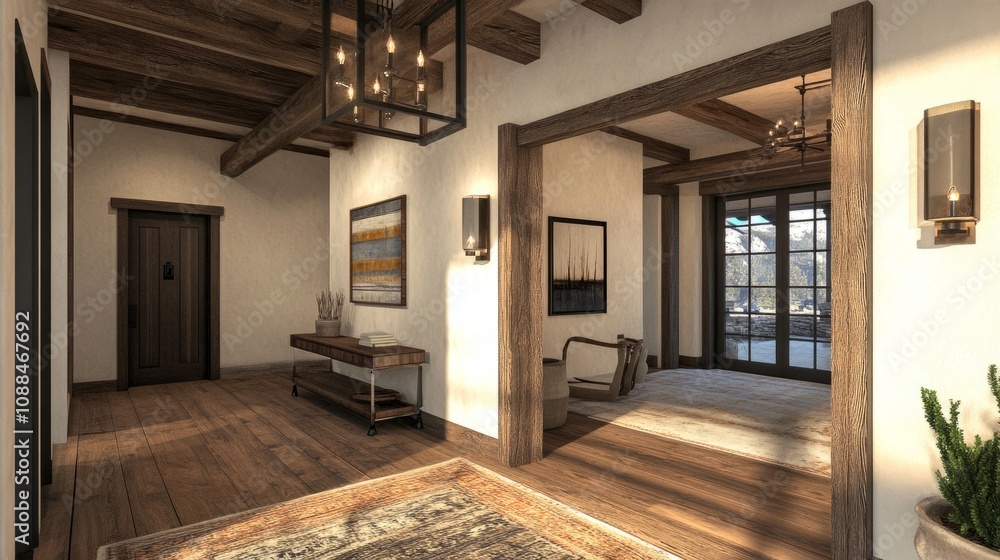 Fototapeta premium Spacious entrance with natural wood finishes, timber beams, and elegant rustic-modern accents, offering warmth and sophistication.