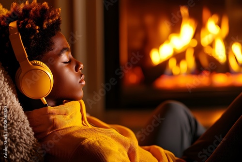 Black youth with headphones, resting by a campfire, cozy blanket, warm firelight on their face, tranquil camping setting photo