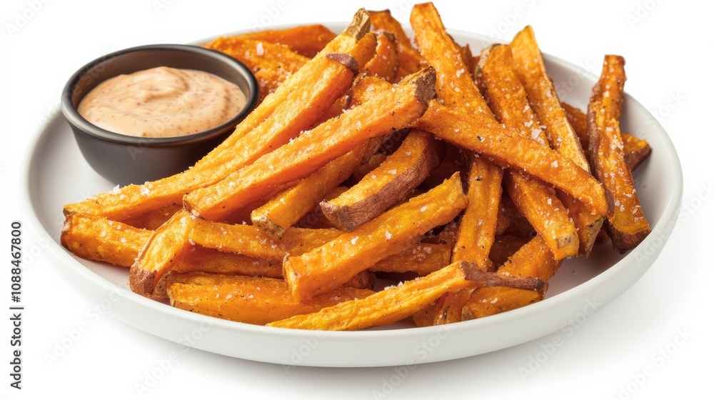 A plate of crispy sweet potato fries with a side of chipotle aioli dipping sauce, Each fry’s golden-brown exterior and fluffy interior captured with precision A plate of crispy sweet potato fries with a side of chipotle aioli dipping sauce, Each fry’s golden-brown exterior and fluffy interior captured with precision