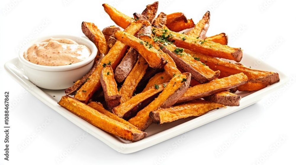 A plate of crispy sweet potato fries with a side of chipotle aioli dipping sauce, Each fry’s golden-brown exterior and fluffy interior captured with precision A plate of crispy sweet potato fries with a side of chipotle aioli dipping sauce, Each fry’s golden-brown exterior and fluffy interior captured with precision