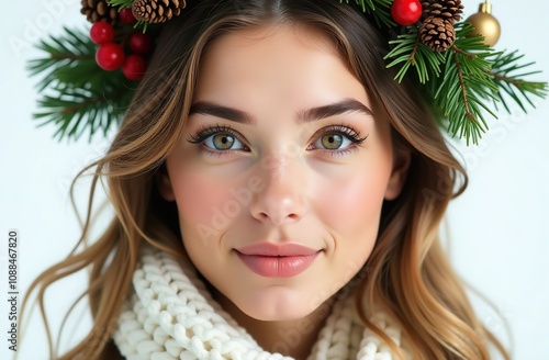 A young woman dressed in a white sweater, with a green Christmas wreath on her head. She has a smile on her face.