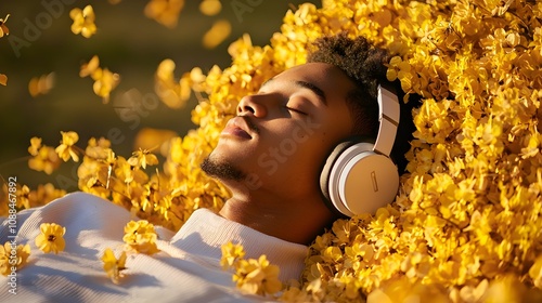 Black youth with headphones, resting on a bean bag with a warm blanket, soft glow from a nearby lamp photo