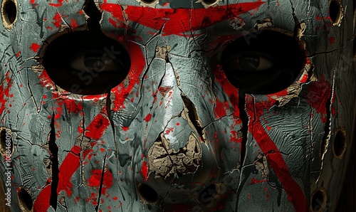A close-up showcases a weathered hockey mask, marred by jagged cracks and smeared with red paint that resembles dried blood