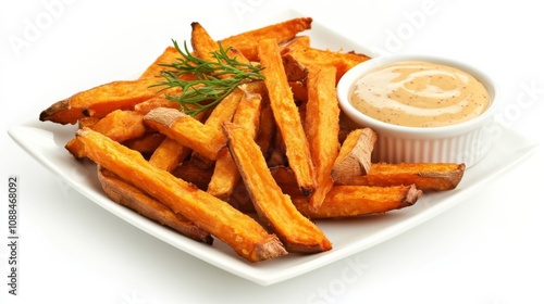 A plate of crispy sweet potato fries with a side of honey mustard dipping sauce, Each fry’s golden-brown exterior and fluffy interior captured with precision