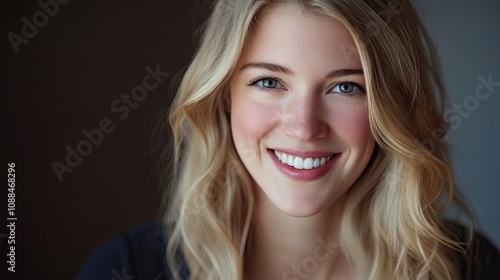 Close-up photo of a tall blonde woman smiling, capturing her joyful expression and beautiful features. The image highlights the tall blonde womans delightful charm with ample copy space.