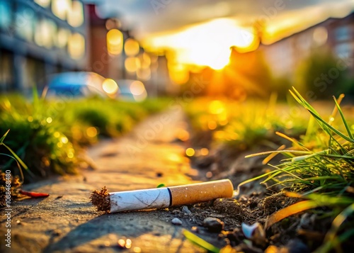 A Close-Up Perspective of a Cigarette Littered on the Ground Surrounded by Nature, Highlighting Urban Pollution and Its Impact on the Environment with a High Depth of Field Effect