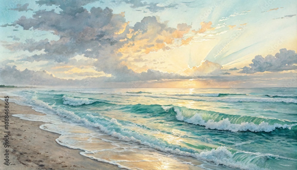 Obraz premium watercolor art, A Painting of the Sunrise over an Ocean in the style of Light turquoise and light silver V12