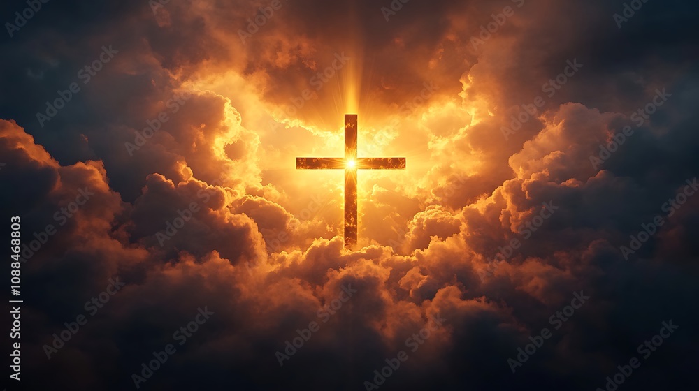 Dual exposure of a Christian cross intertwined with radiant sun rays piercing through dramatic storm clouds, the golden beams creating a halo effect around the cross, peaceful and heavenly atmosphere, Dual exposure of a Christian cross intertwined with radiant sun rays piercing through dramatic storm clouds, the golden beams creating a halo effect around the cross, peaceful and heavenly atmosphere,