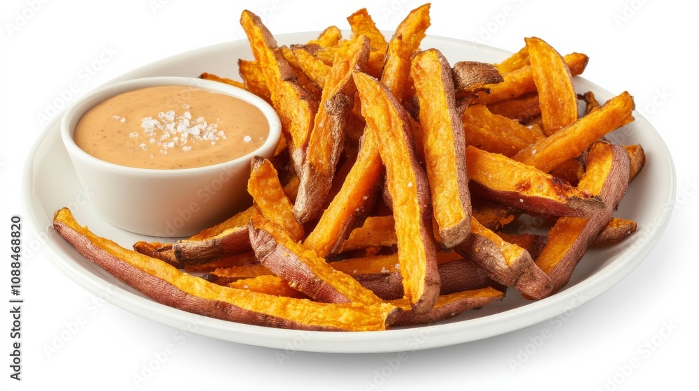 A plate of crispy sweet potato fries with a sprinkle of sea salt and a side of creamy chipotle dipping sauce, Each fry’s caramelized sweetness and crunchy texture captured with precision A plate of crispy sweet potato fries with a sprinkle of sea salt and a side of creamy chipotle dipping sauce, Each fry’s caramelized sweetness and crunchy texture captured with precision