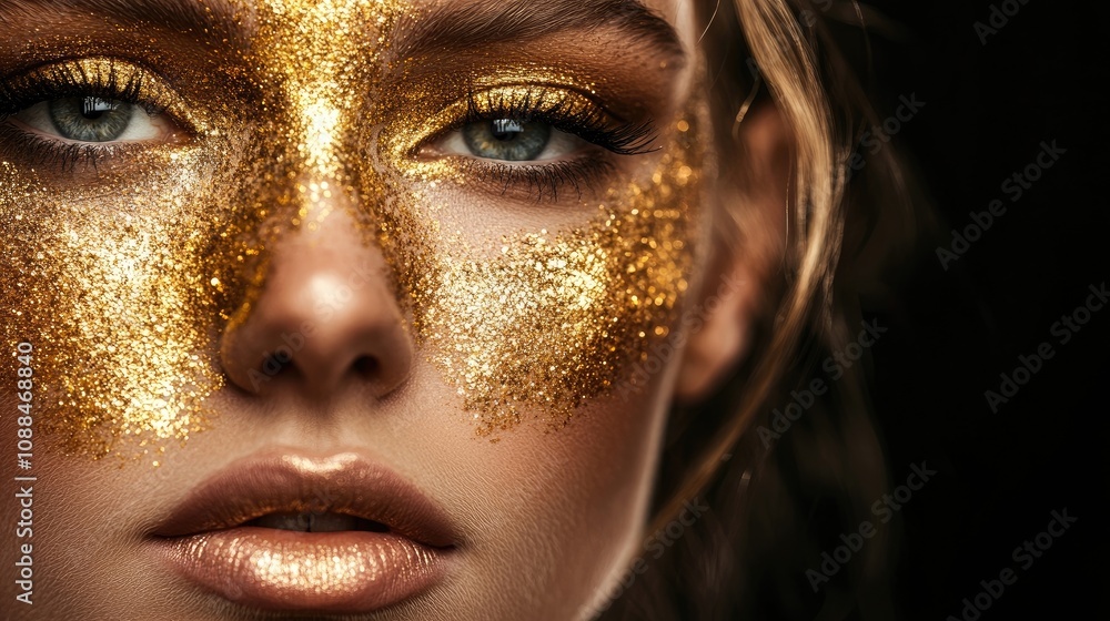 Stunning beauty captured with a beautiful woman face, highlighting her blond hair and striking gold makeup. This image offers ample space for text or design elements. Stunning beauty captured with a beautiful woman face, highlighting her blond hair and striking gold makeup. This image offers ample space for text or design elements.