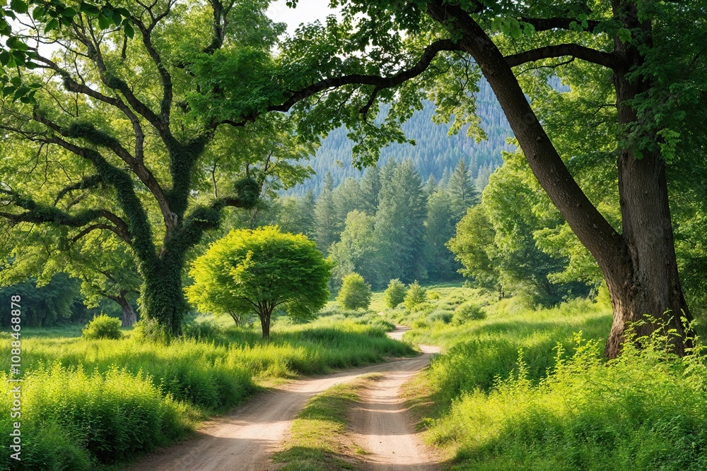 Naklejka premium Serene Forest Landscapes with Vibrant Trees and Herbal Plants in Lush Natural Scenery