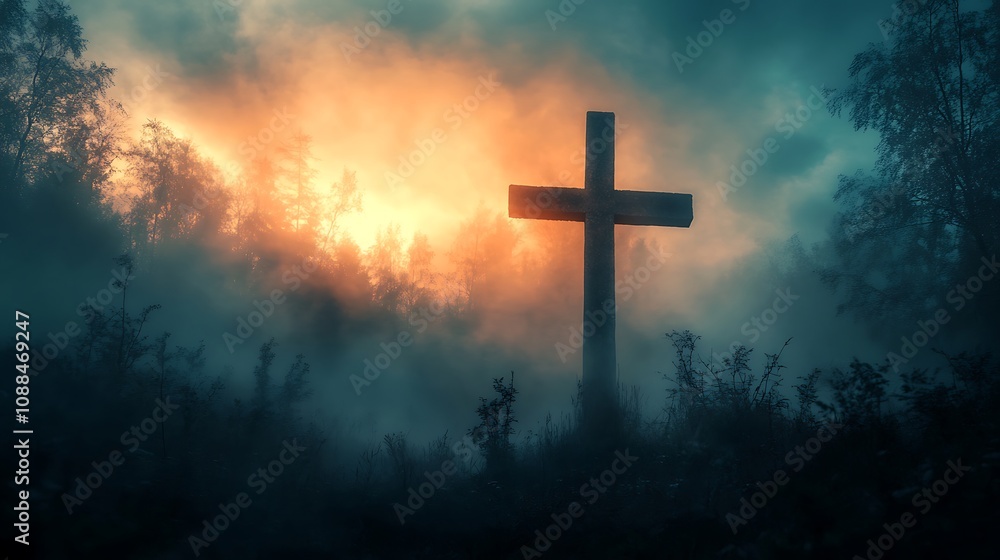 Dual exposure of a Christian cross merged with a mist-covered forest, the cross illuminated by soft morning light, silhouettes of trees fading into the fog, tranquil and meditative mood, Dual exposure of a Christian cross merged with a mist-covered forest, the cross illuminated by soft morning light, silhouettes of trees fading into the fog, tranquil and meditative mood,