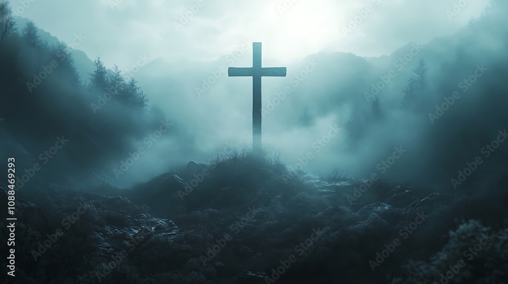 Obraz premium Dual exposure of a Christian cross merged with a misty mountain range, the fog swirling around the silhouette of the cross, soft morning light breaking through the mist,