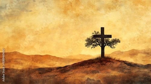 Dual exposure of a Christian cross merged with a vast desert landscape, the silhouette of a lone tree standing against a golden sunset, soft sand dunes blending into the cross, photo