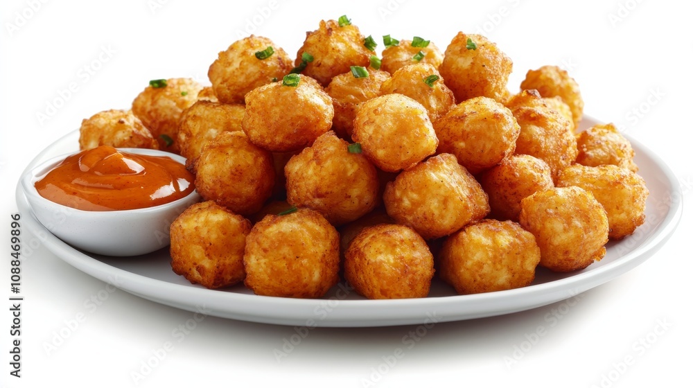 A plate of crispy sweet potato tots seasoned with smoked paprika and sea salt, Each tot golden and crunchy on the outside, soft and sweet on the inside A plate of crispy sweet potato tots seasoned with smoked paprika and sea salt, Each tot golden and crunchy on the outside, soft and sweet on the inside
