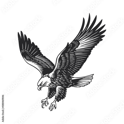 A black and white illustration of a majestic eagle in flight