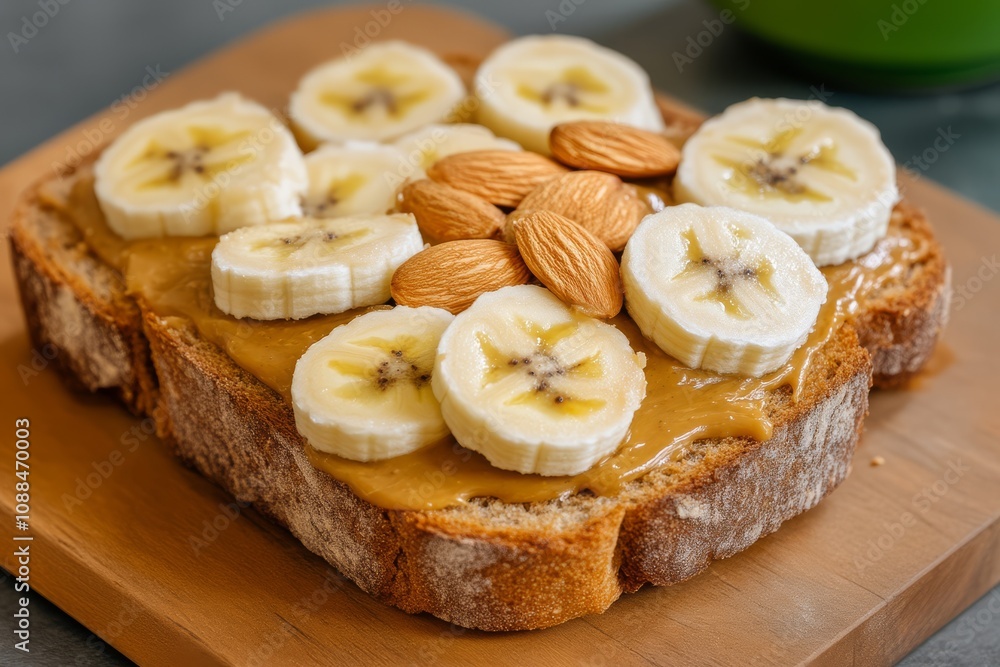A delicious slice of whole grain toast topped with peanut butter, banana slices, and almonds, perfect for a nutritious snack or breakfast. A delicious slice of whole grain toast topped with peanut butter, banana slices, and almonds, perfect for a nutritious snack or breakfast.