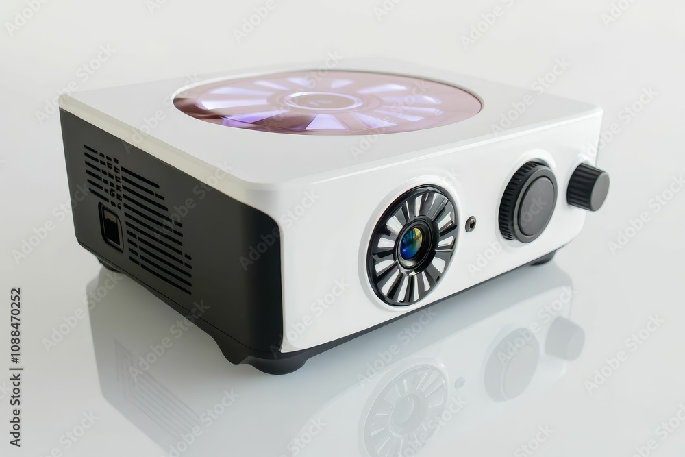 Fototapeta premium White projector with a lens and controls.