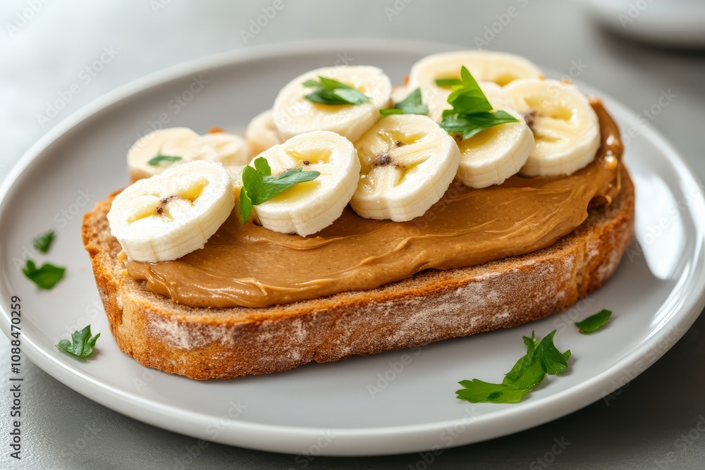 A slice of toasted bread topped with creamy peanut butter and fresh banana slices, garnished with a hint of green parsley. A slice of toasted bread topped with creamy peanut butter and fresh banana slices, garnished with a hint of green parsley.