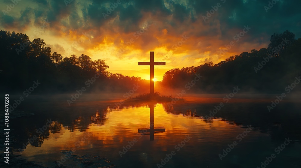 Dual exposure of a Christian cross merging with a tranquil lake reflecting a vibrant sunset, the golden hues of the sky blending into the silhouette of the cross, soft ripples on the water, Dual exposure of a Christian cross merging with a tranquil lake reflecting a vibrant sunset, the golden hues of the sky blending into the silhouette of the cross, soft ripples on the water,